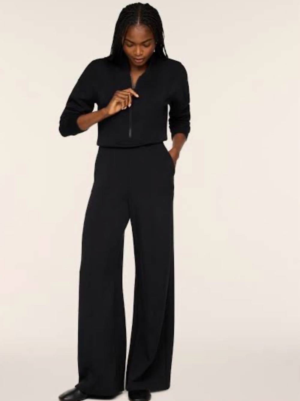 SPANX Air Essentials Wide Leg Black Wide-Leg Half-Zip Jumpsuit